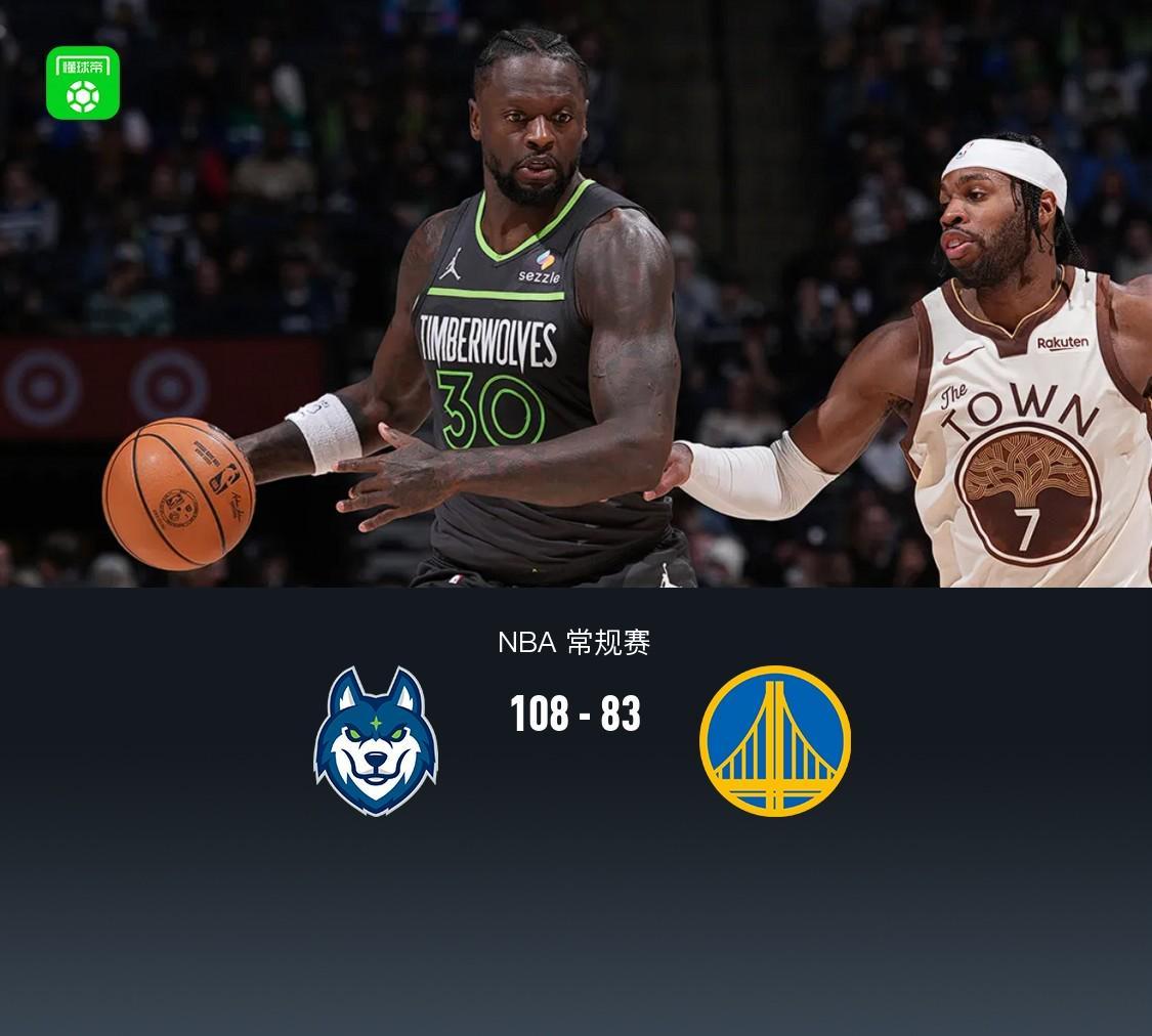 星空体育-森林狼108-83复仇勇士，库里、爱德华兹均缺阵，戈贝尔15+17